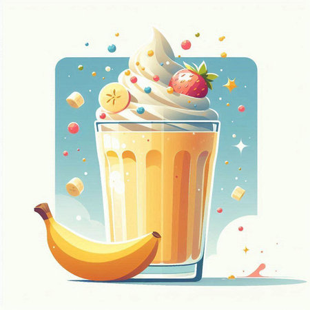 Banana milkshake with whipped cream and fruits. Vector illustration.のイラスト素材