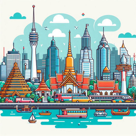 Cityscape of Bangkok, Thailand. Vector illustration in retro style.のイラスト素材
