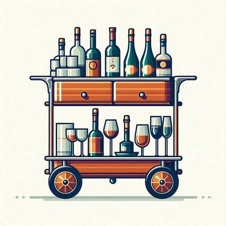 Wooden cart with bottles of wine on wheels. Vector illustration.のイラスト素材