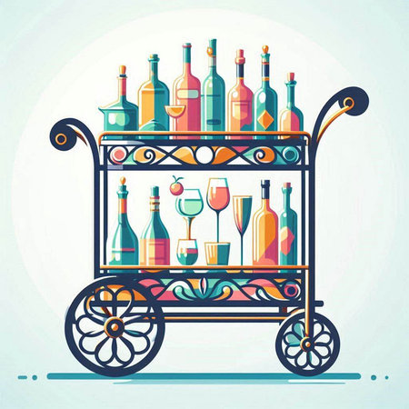 Wine shop cart with bottles and glasses. Vector illustration in flat styleのイラスト素材