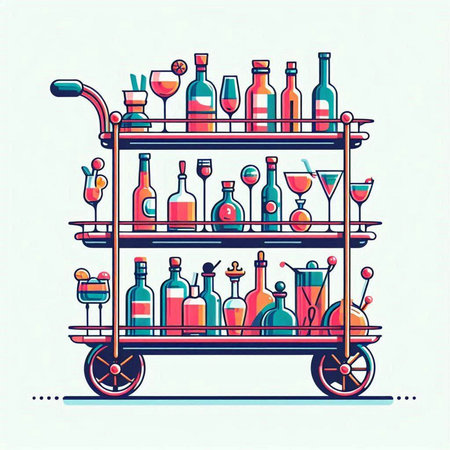 Illustration of a trolley with bottles of wine. Vector illustrationのイラスト素材