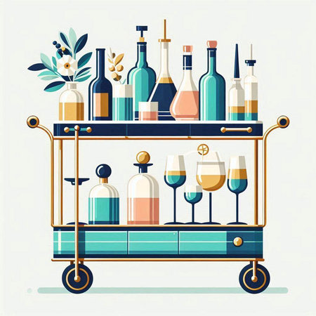 Wine shop trolley with bottles and glasses. Vector illustration.のイラスト素材