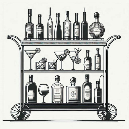 Vintage bar counter with bottles of wine and cocktails. Vector illustrationのイラスト素材