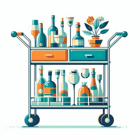 Wine shop trolley with bottles of wine. Vector illustration.のイラスト素材