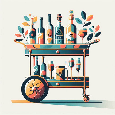 Trolley with bottles of wine. Vector illustration in retro style.のイラスト素材