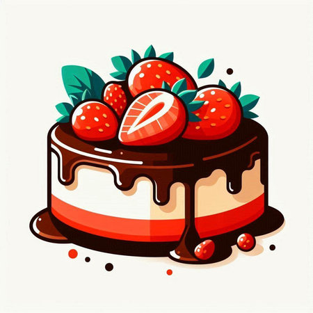 Chocolate cake with strawberries and cream on a white background. Vector illustration.のイラスト素材