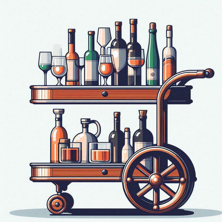 Wooden cart with bottles of wine and glasses. Vector illustration.のイラスト素材