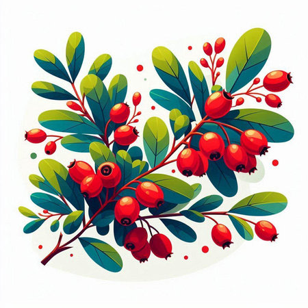 Hawthorn branch with berries and green leaves. Vector illustration.のイラスト素材