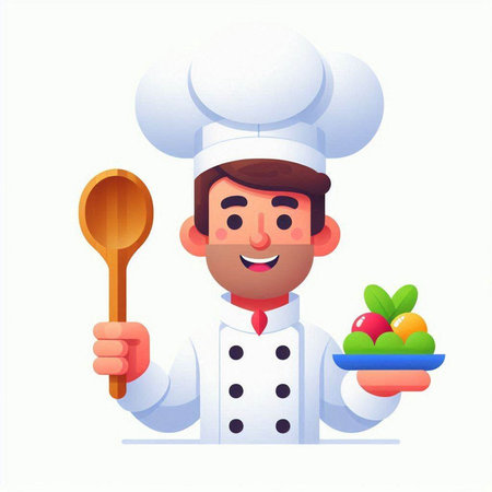 Chef with ladle and bowl of vegetables. Vector illustration in cartoon styleのイラスト素材