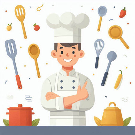 Chef man cartoon character cooking food. Vector illustration in flat styleのイラスト素材