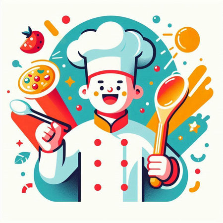 Chef with spoon and ladle. Vector illustration in cartoon styleのイラスト素材
