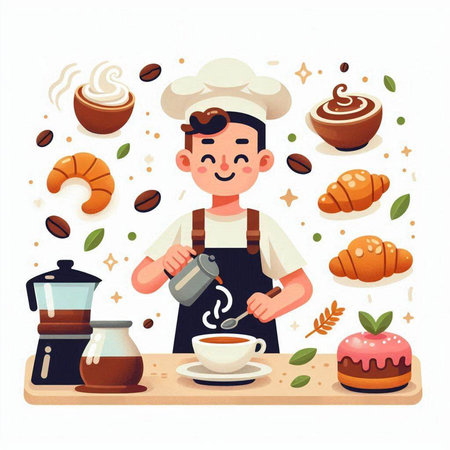 Coffee shop. Cute cartoon character. Vector illustration.のイラスト素材