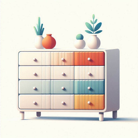Illustration of a chest of drawers with vases and plantsのイラスト素材