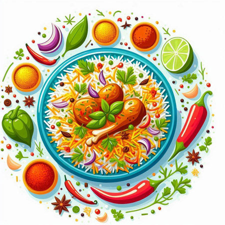 Pilaf with chicken and vegetables on a plate. Vector illustration.のイラスト素材