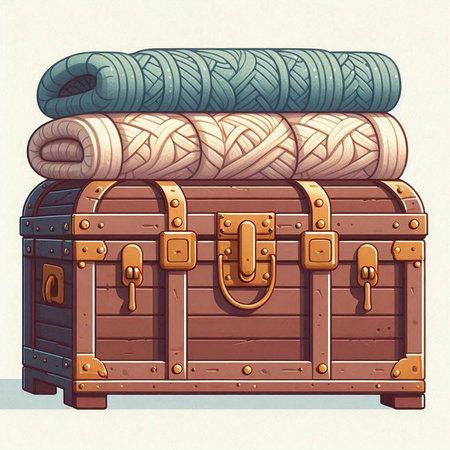 Treasure chest. Vector illustration of an old wooden chest with a stack of towels.のイラスト素材