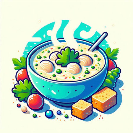 Illustration of a bowl of soup with noodles and parsley.のイラスト素材