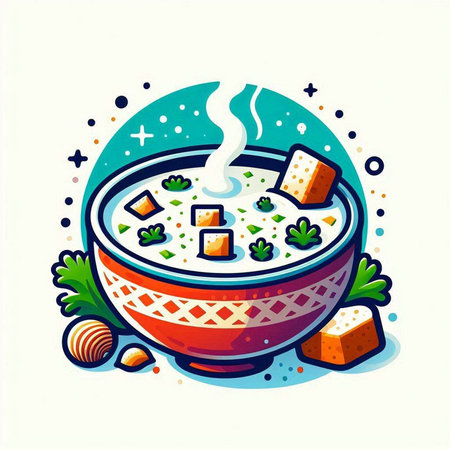 Vector illustration of a bowl of miso soup with tofu and vegetablesのイラスト素材