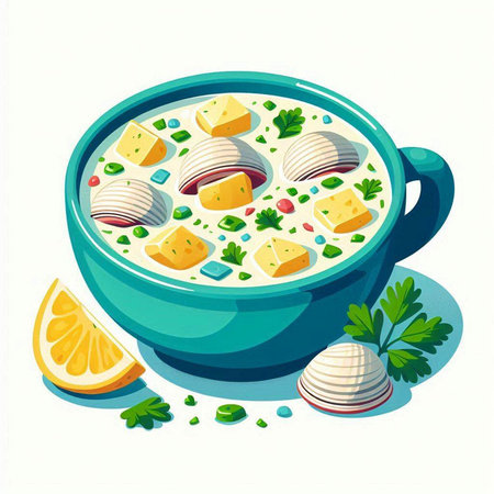 Vector illustration of a bowl of soup with dumplings, parsley and lemon.のイラスト素材