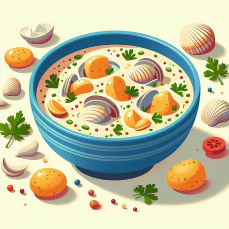 Illustration of a bowl of soup with clams, carrots and parsleyのイラスト素材