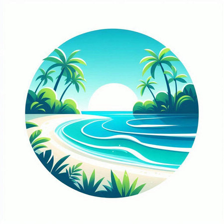 Tropical beach with palm trees and sea waves. Vector illustration.のイラスト素材