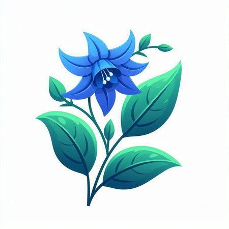 Illustration of a blue flower with green leaves on a white backgroundのイラスト素材