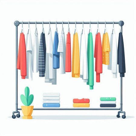 Clothes rack with different colorful clothes. Vector illustration in flat styleのイラスト素材