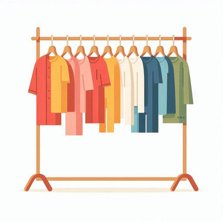 Colorful clothes on hangers isolated on white background. Vector illustration.のイラスト素材