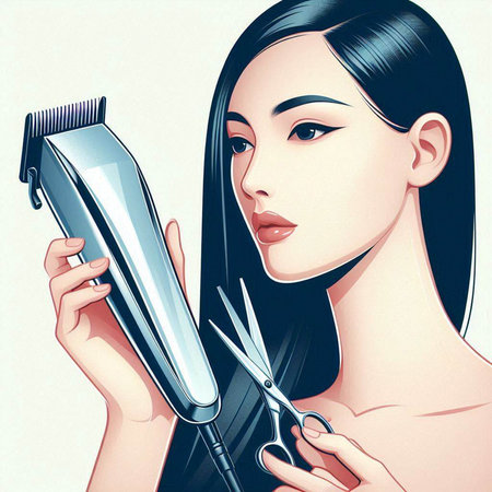 Beautiful young woman with hair straightening machine. Vector illustration.のイラスト素材