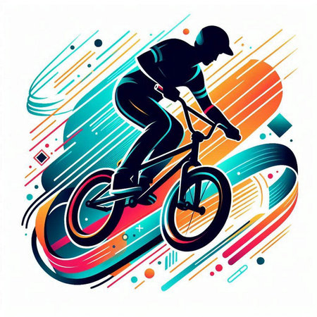 Bmx rider in action, abstract colorful background, vector illustration.のイラスト素材