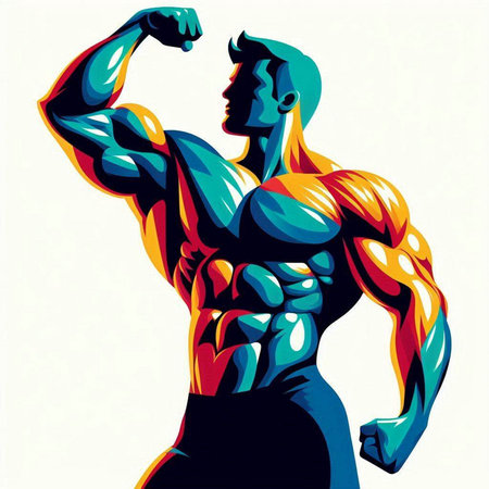 Muscular man flexing his muscles in front of a white backgroundのイラスト素材