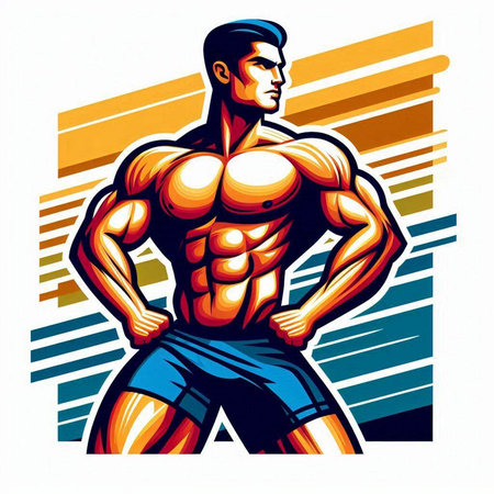 Bodybuilder with muscular body. Fitness and bodybuilding concept. Vector illustration.のイラスト素材