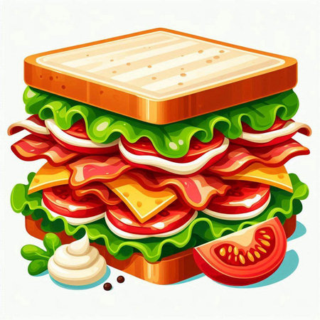 Sandwich with ham, cheese, tomato and lettuce. Vector illustration.のイラスト素材
