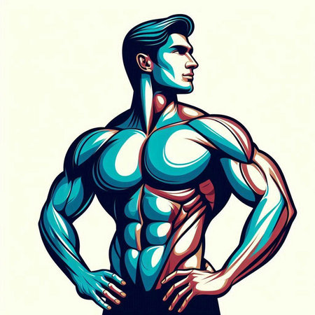 Muscular man with arms akimbo, side view. Vector illustrationのイラスト素材