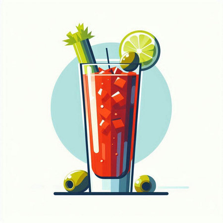 Bloody Mary cocktail with olives and lime. Vector illustration.のイラスト素材