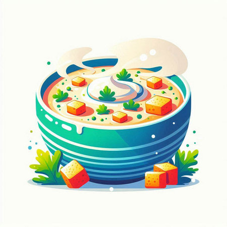 Creamy soup in a bowl. Vector illustration on white background.のイラスト素材