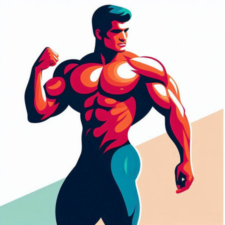 Athletic man flexing his muscles, vector illustration.のイラスト素材