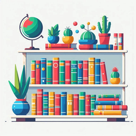 Bookshelf with books and cacti. Vector illustration.のイラスト素材