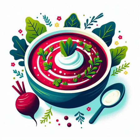 Vector illustration of a bowl of beet soup with sour cream and fresh vegetables.のイラスト素材