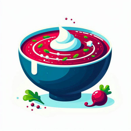Bowl of soup with cream and radish. Vector illustration.のイラスト素材