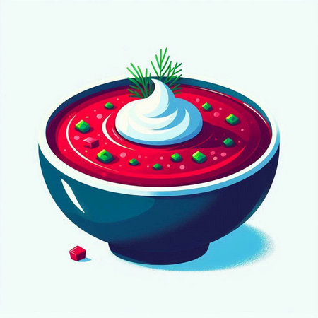 Vector illustration of a bowl of borscht with sour cream and dillのイラスト素材