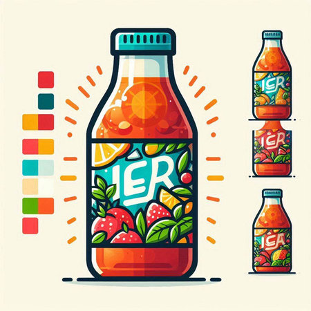 Vector illustration of a bottle of lemonade with fruits and berries.のイラスト素材