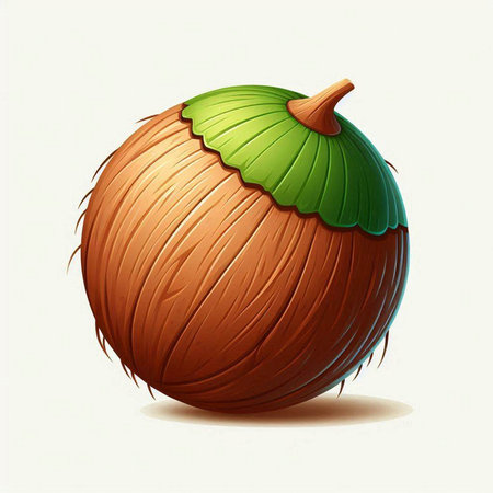 Illustration of a coconut with a green leaf on a white backgroundのイラスト素材