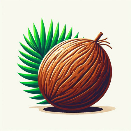 Coconut with palm leaf on white background. Vector illustration.のイラスト素材