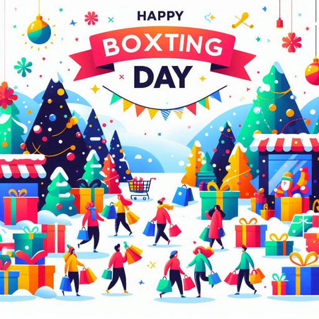 Happy Boxing Day banner with people walking in the street, vector illustrationのイラスト素材