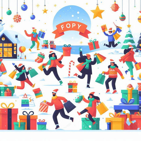 Merry Christmas and Happy New Year greeting card with people characters in Santa Claus clothes running and jumping in snow with gift boxes and presents. Vector illustrationのイラスト素材