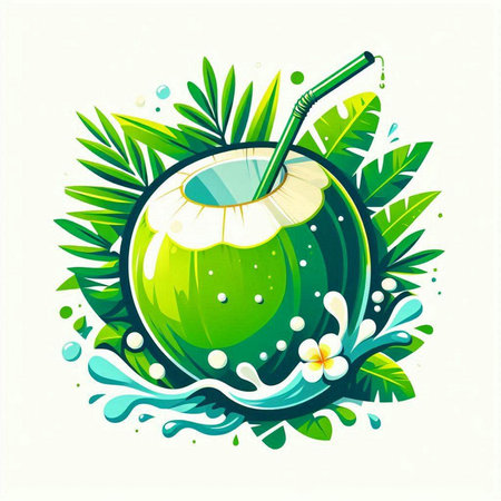 Coconut drink with tropical leaves and splashes. Vector illustration.のイラスト素材