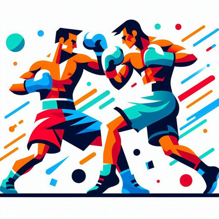 Two young men boxing in colorful abstract background. Vector illustration in retro style.のイラスト素材