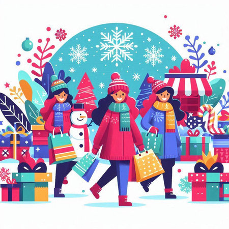 Christmas and New Year vector illustration. Kids in winter clothes with gifts and snowman.のイラスト素材