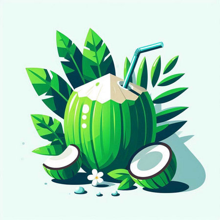 Coconut cocktail with straw and tropical leaves. Vector illustration.のイラスト素材