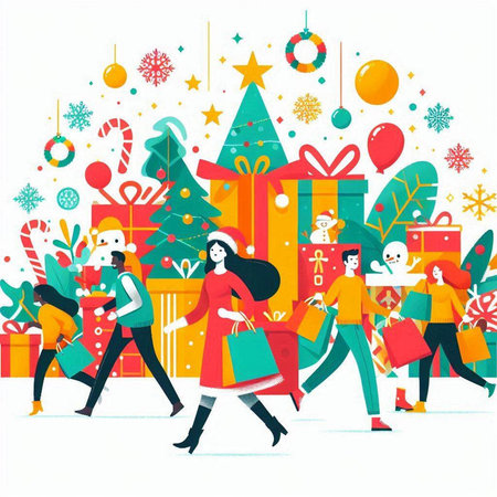 Merry Christmas and Happy New Year. People with shopping bags and gifts. Vector illustrationのイラスト素材